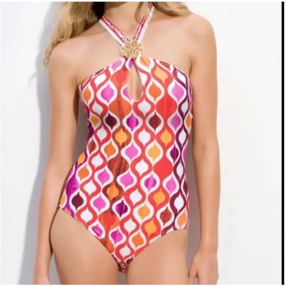 Trina Turk Colorful Halter Swimsuit with stunning medallion